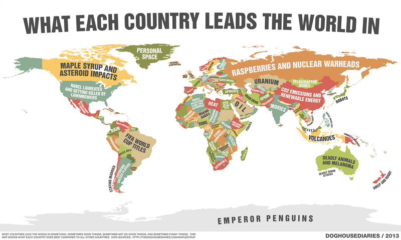 Illustration for article titled This cheeky map shows what each country leads the world in